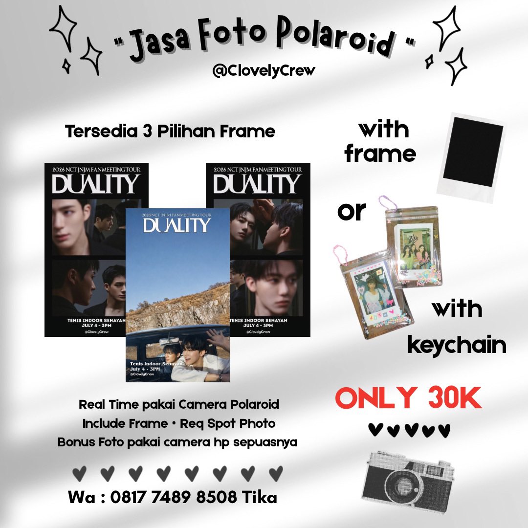 ClovelyCrew's tweet photo. Thank you JNJM Fanmeeting Duality Day 1 🥰

Next Day 2 ? 😁

Only 30K💰
- Free Frame
- Ada 3 Pilihan Frame

Yuk di booking 🍀✨
https://t.co/nyurAR0WrA

Untuk pertanyaan bisa langsung chat ya
Terimakasih 🫶🏻

#JENO #JAEMIN
#DUALITY_IN_JAKARTA
#NCTJNJM_DUALITY https://t.co/AfrFenxEig
