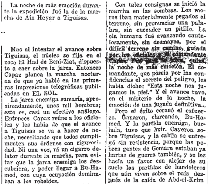 FrankEscri's tweet photo. La noche del 7 al 8 de julio de 1926, el comandante Capaz llevó a cabo una marcha de 40 km con dos tabores para caer por sorpresa sobre Tiguisas. Le flanqueó por la costa la mía montada del teniente Valderrábano.
Relato de López Rienda (El Sol, 19/08/1926)
#RaidCapaz https://t.co/bWkhzeq8hJ