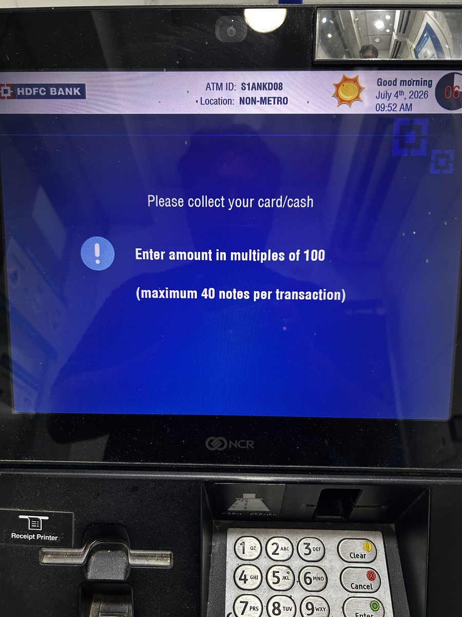 mannu4shivam's tweet photo. @HDFC_Bank @HDFCBank_Cares another way to make money on atm charges,restrict for only 40 notes and of 100 rs only.  if needed 10k,you ll hv to spent all 3 free limits given of that month. https://t.co/bnpRl5hiYl