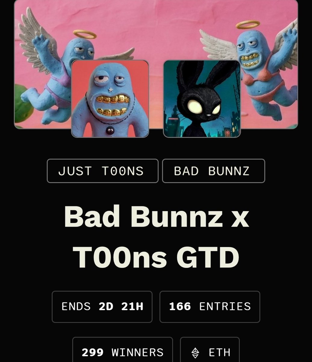Zushimonster's tweet photo. Still looking for a way to get wl for @just_t00ns?

299 GTD spots 166 entries. Do the math, grab a @badbunnz_ and join the DC!

https://t.co/b9FGA3xX3p https://t.co/kY3t1qlh1C