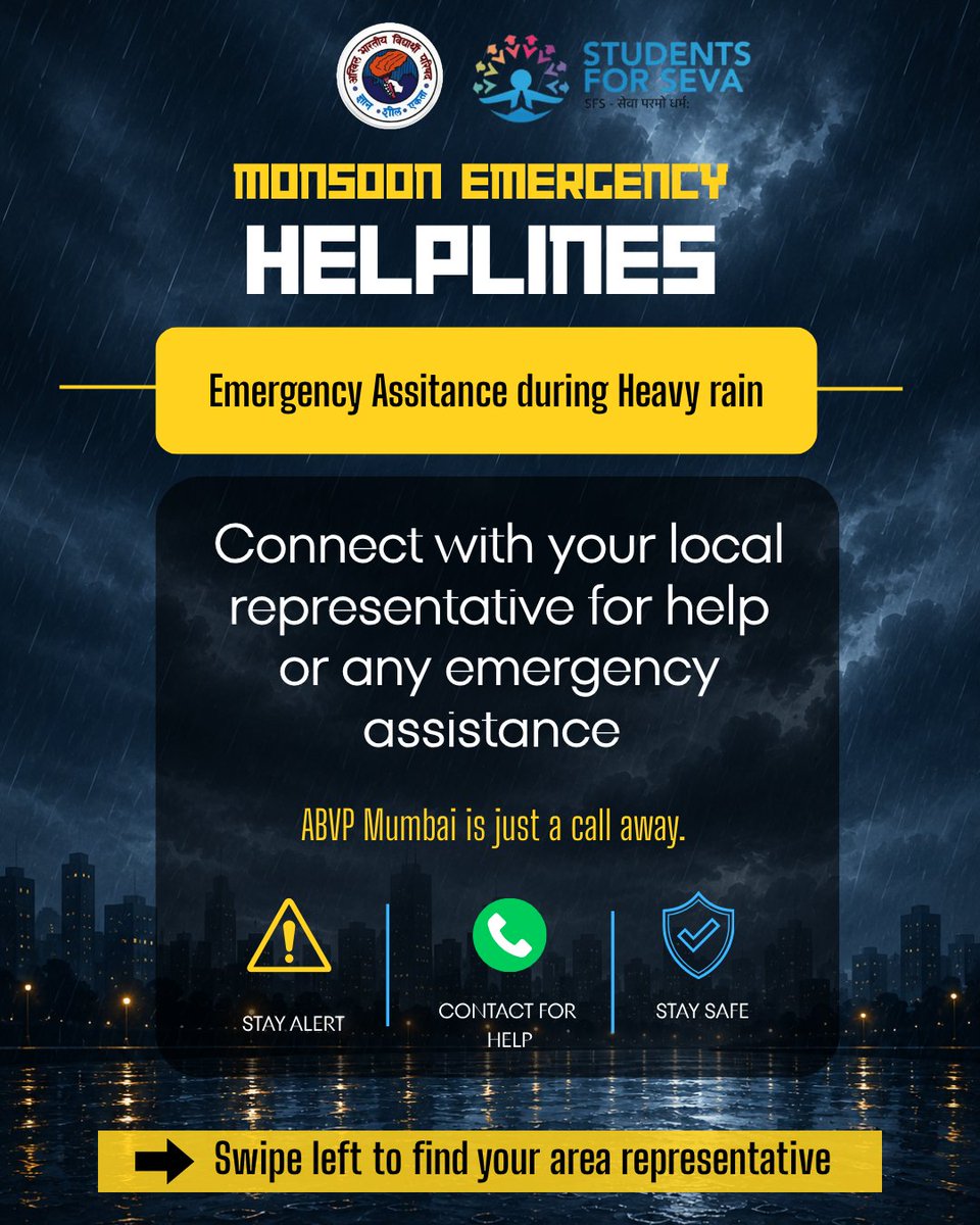 ABVPMumbai's tweet photo. 🚨 Monsoon Emergency Support | ABVP Mumbai 🌧️

Heavy rainfall can disrupt travel and create emergency situations across the city. During such times, ABVP Mumbai volunteers are on the ground to assist students wherever possible.

If you're stranded, facing travel difficulties, or need urgent local assistance, connect with your nearest ABVP representative.

🤝 From students, for students. Because service doesn't stop when it rains.

Vasai, Virar, Nalasopara : 
Sujal Mishra: 90825 72376
Shubham Maurya: 88287 24893

Mira Road, Bhayandar:
Shivam Tiwari: 90822 00580

Borivali, Dindoshi, Goregaon, Malad, Andheri: 
Sagar Rao: 87672 20478
Ayush Davande: 7841809260 
Nikhil Mishra:9555664842

Bandra, Santacruz, Khar Road, Kalina, Vile Parle:
Harshal Pardhi :82628 97245
Sameer Harjani: 836 920 4475
Om Singh :9152311273

Dadar, Mahim, Matunga: 
Swaraj Ruke :8828298544
Anushka Saygaonkar :9324894984

Mumbai Central, Mahalaxmi, Girgaon:
 Sameer Bhambure 9552076286
Gautam Tiwari :9833977063

Churchgate, Fort, Colaba, CSMT: 
Akshay Jha : 7384391877
Vitthal Rathod: 8830572427
Shashikant Chavan: 9372015408

Lalbaug, Parel, Mazgaon: 
Pradyumna Pawale: 93213 33252
Jeevan Kamble: 9987715467
Akash Bodke: 7208735956

Dharavi, Sion:
 Aryan Saygaonkar: 7045070985

Kurla, Chembur, Govandi, Mankhurd:
 Sanika Joshi: 8422066424
Karan Jadhav:  99854 77402

Ghatkopar, Powai: 
Prathamesh Kanjarkar :  80973 30219
Bhandup: 
Pawan Yamgar : 93596 85654
Nupur Upadhye: 9820431980

Stay Alert. Stay Safe. Stay Connected. 🚩
#ABVPMumbai #MonsoonSupport #StudentFirst #EmergencySupport #Seva #MumbaiRains #StudentsForStudents