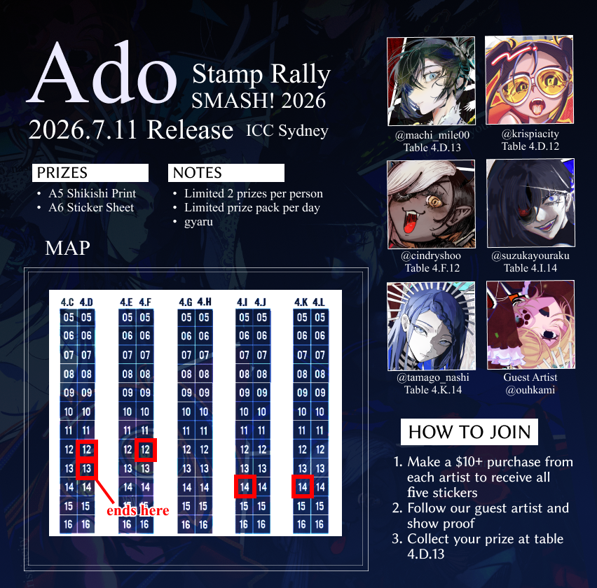 machi_mile00's tweet photo. Ado Stamp Rally @ SMASH! 2026
Happy Ao Day! We are hosting Ado rally

Prize packs include a shikishi print and sticker sheet

🌹Artists
@machi_mile00 - 4.D.13
@krispiacity - 4.D.12
@CindryShoo - 4.F.12
@suzukayouraku - 4.I.14
@tamago_nashi - 4.K.14
@ouhkami (guest)

#smashcon2026 https://t.co/JNUTEgb6E7