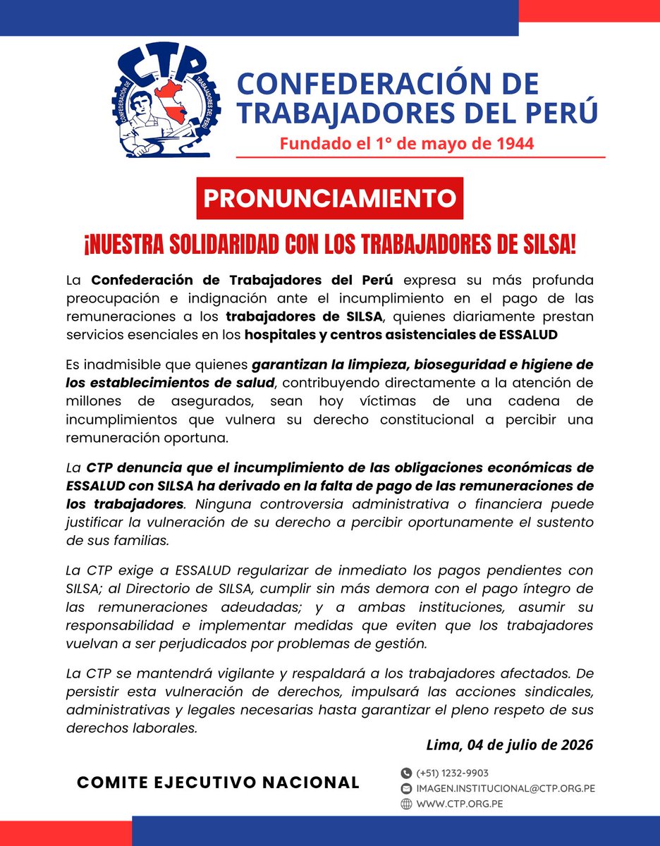 CtpPeru's tweet photo. 🔴URGENTE | Expresamos nuestro enérgico rechazo al incumplimiento en el pago oportuno de las remuneraciones a los trabajadores de #SILSA, quienes cumplen responsablemente sus labores en los establecimientos de @EsSaludPeru
@ope_peru @canalN_ @willaxtv @PolloFarsantePe https://t.co/ruLQrfdaNw