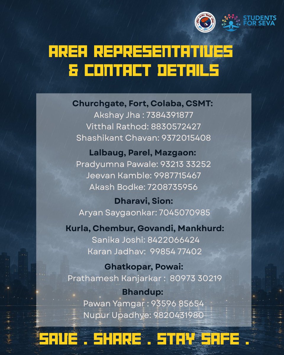 ABVPMumbai's tweet photo. 🚨 Monsoon Emergency Support | ABVP Mumbai 🌧️

Heavy rainfall can disrupt travel and create emergency situations across the city. During such times, ABVP Mumbai volunteers are on the ground to assist students wherever possible.

If you're stranded, facing travel difficulties, or need urgent local assistance, connect with your nearest ABVP representative.

🤝 From students, for students. Because service doesn't stop when it rains.

Vasai, Virar, Nalasopara : 
Sujal Mishra: 90825 72376
Shubham Maurya: 88287 24893

Mira Road, Bhayandar:
Shivam Tiwari: 90822 00580

Borivali, Dindoshi, Goregaon, Malad, Andheri: 
Sagar Rao: 87672 20478
Ayush Davande: 7841809260 
Nikhil Mishra:9555664842

Bandra, Santacruz, Khar Road, Kalina, Vile Parle:
Harshal Pardhi :82628 97245
Sameer Harjani: 836 920 4475
Om Singh :9152311273

Dadar, Mahim, Matunga: 
Swaraj Ruke :8828298544
Anushka Saygaonkar :9324894984

Mumbai Central, Mahalaxmi, Girgaon:
 Sameer Bhambure 9552076286
Gautam Tiwari :9833977063

Churchgate, Fort, Colaba, CSMT: 
Akshay Jha : 7384391877
Vitthal Rathod: 8830572427
Shashikant Chavan: 9372015408

Lalbaug, Parel, Mazgaon: 
Pradyumna Pawale: 93213 33252
Jeevan Kamble: 9987715467
Akash Bodke: 7208735956

Dharavi, Sion:
 Aryan Saygaonkar: 7045070985

Kurla, Chembur, Govandi, Mankhurd:
 Sanika Joshi: 8422066424
Karan Jadhav:  99854 77402

Ghatkopar, Powai: 
Prathamesh Kanjarkar :  80973 30219
Bhandup: 
Pawan Yamgar : 93596 85654
Nupur Upadhye: 9820431980

Stay Alert. Stay Safe. Stay Connected. 🚩
#ABVPMumbai #MonsoonSupport #StudentFirst #EmergencySupport #Seva #MumbaiRains #StudentsForStudents