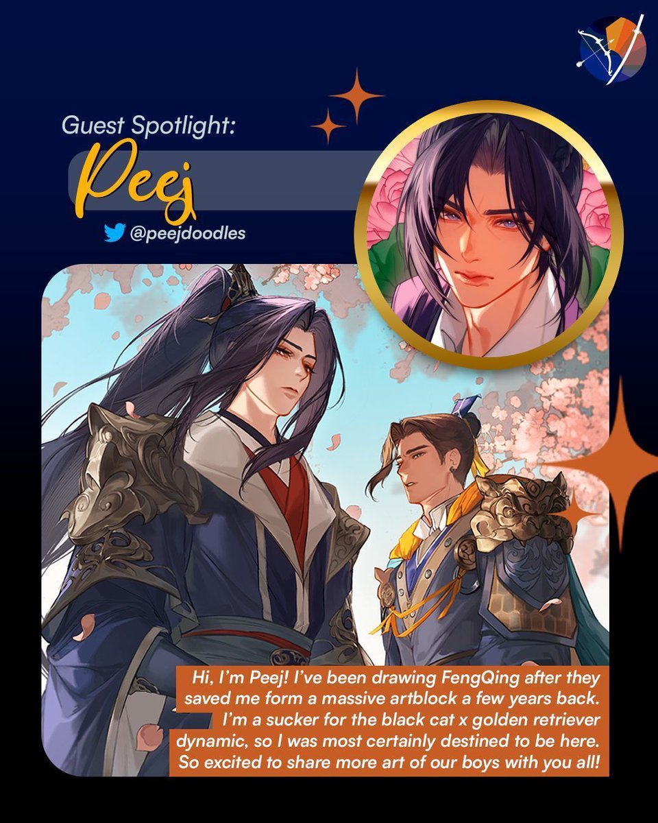 zine4fengqing's tweet photo. Hey #fengqing nation! 🏹⚔️ We're so pleased to start our guest announcements today. First up is @peejdoodles who is joining the zine as our cover artist! (Psst, our zine will be hardcover! ✨️) Everyone, please welcome Peej! https://t.co/AaZ6pwRTv1