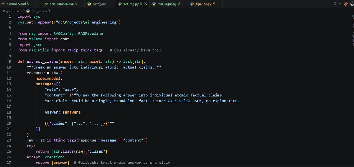 Asimmmm06's tweet photo. #LSPPDay34 
Today, I learned evals for RAG systems:
- Learned the 3 eval levels: unit, integration, human eval
- Learned faithfulness: a correct answer isn't always a grounded one
- Intro to RAGAS
- Understand precision https://t.co/C1878aPF9w