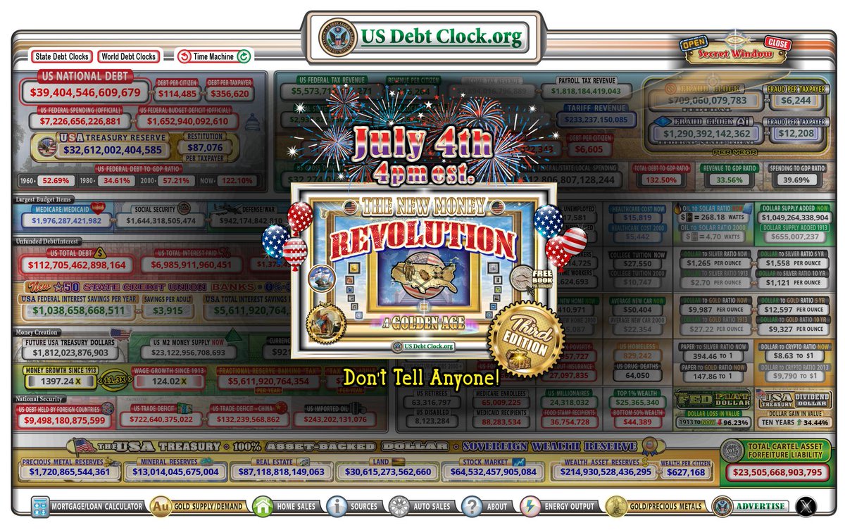 Hexdragon66's tweet photo. US Debt Clock Secret Message July 4th, 2026 ~9am X @USDebtClock And https://t.co/zB2TyiPSCz 

THIS IS/HAS BEEN BEING DISCLOSURE

IS THIS CONSIDERED AS A 'SOFT ANNOUNCEMENT???

Today's Message: July 4th 4pm est 😜😎☕️☕️
 
The 3rd Edition Of ;The New Money Revolution is coming out https://t.co/fB9PLZ6u93