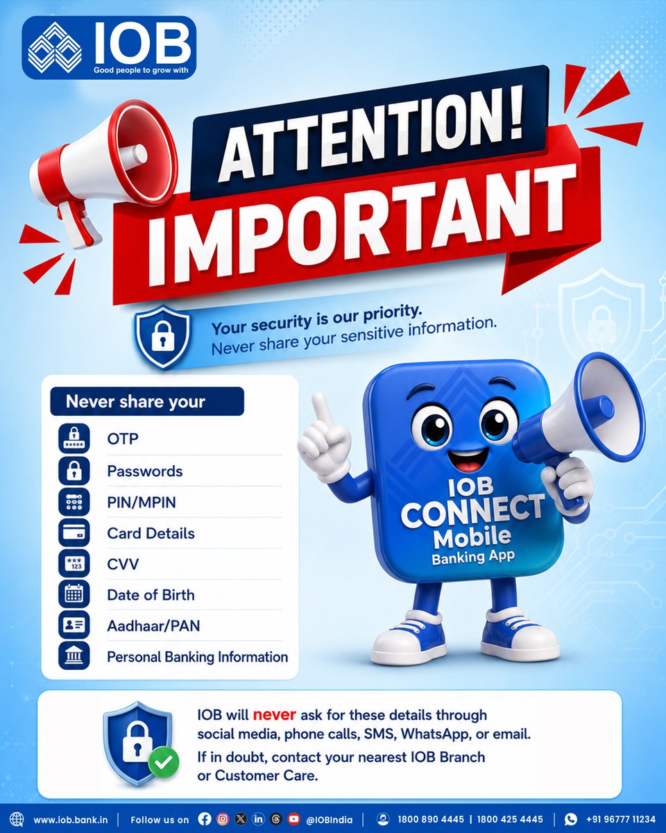 IOBIndia's tweet photo. Fraudsters may change their tactics, but your awareness is your strongest defence. Stay alert, think before you share, and protect what matters most.
#CyberSafety #StayAlert #SafeBanking #DigitalSecurity #IOB #IndianOverseasBank #IOBConnect #GoodPeopleToGrowWith #DFS #RBI https://t.co/PlAaXGtFAS