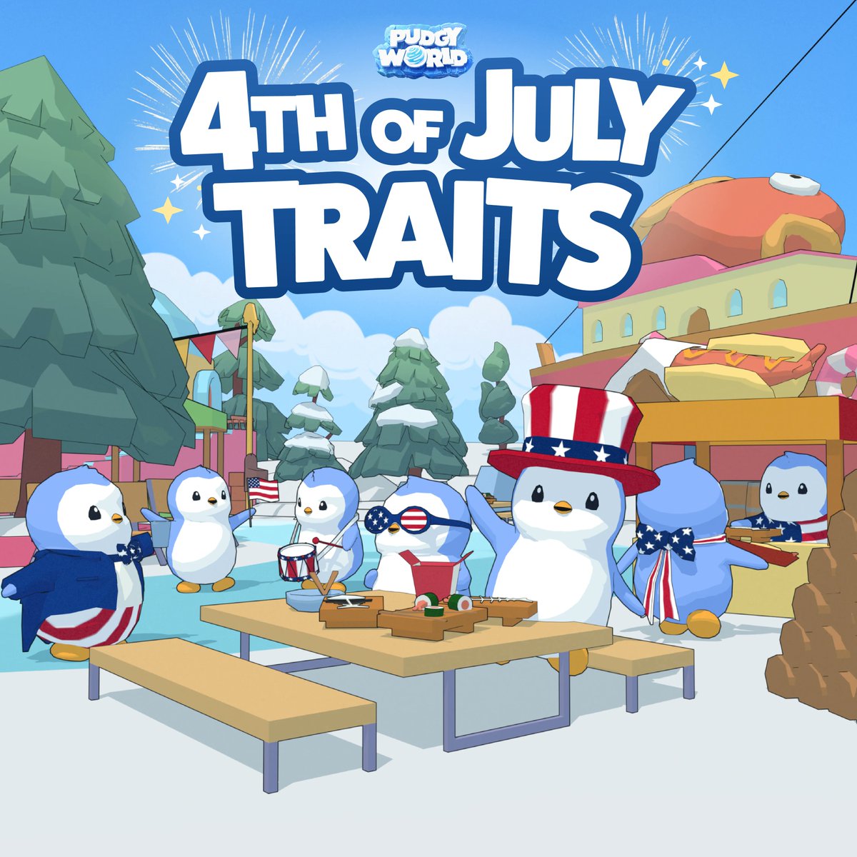PudgyWorld_'s tweet photo. Happy 4th of July from The Berg 🐧 🇺🇸

Festive traits, a special egg, and the freshest 4th of July fits your penguin has ever seen are live in the shop right now!

Which one are you grabbing first? 👀 https://t.co/zYJt04p0DI