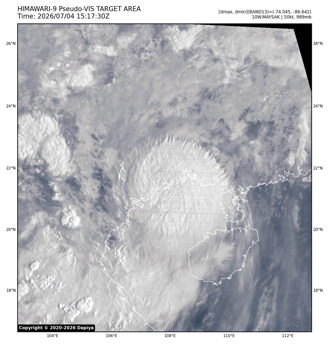 IPTCWCDirector's tweet photo. Flying under the radar due to all the attention on #Bavi, making landfall at the Vietnam/Chinese border is #Maysak which came together near the coast, a station has reported a 57knot 10min sustained at 8.1 meter elevation. JTWC 50knot estimate is too conservative. Likely 65knots https://t.co/GYh6skjKcf