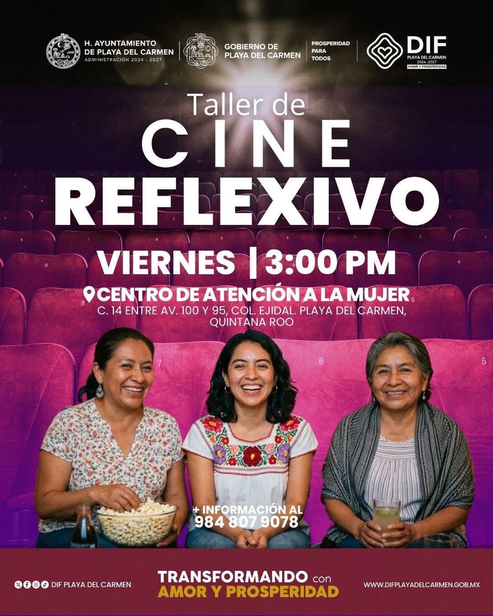 DIFPDC's tweet photo. A través del Centro de Atención a la Mujer, te invitamos al Taller de Cine Reflexivo. Un espacio dinámico para disfrutar del séptimo arte y conversar sobre temas que nos transforman.

📍 C. 14 entre Av. 100 y 95.
📞 984 807 9078.

¡Aparta tu lugar!

#DIFPlayaDelCarmen https://t.co/ACuBMD9KS3
