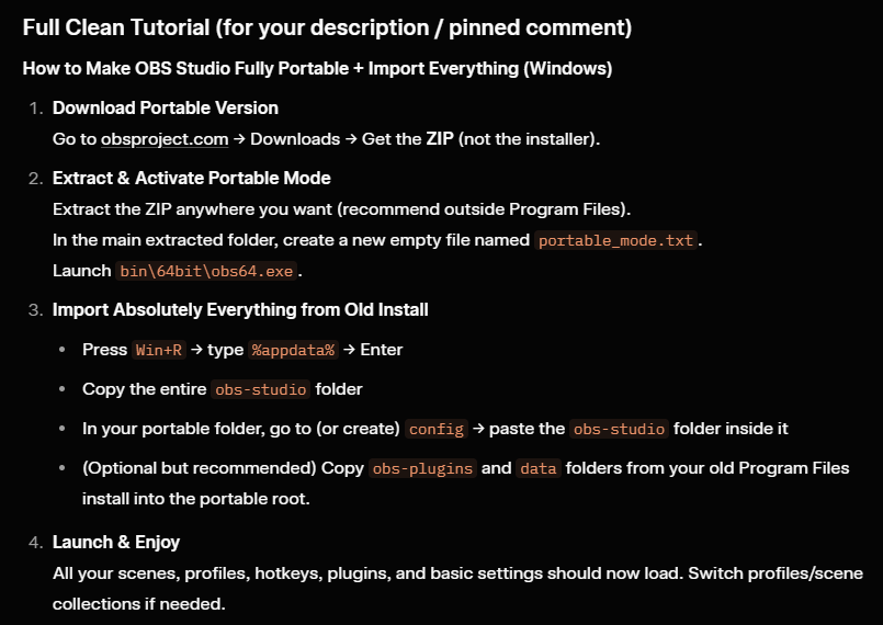 jakeufps's tweet photo. To all my streamer and creator friends:

I can HIGHLY recommend making your OBS fully portable and keeping a backup on the cloud. This way you can have your entire OBS Studio with all your plugins, settings, and scenes in one single folder.

Here's a quick clanker tutorial: https://t.co/FB9KVXGYGM