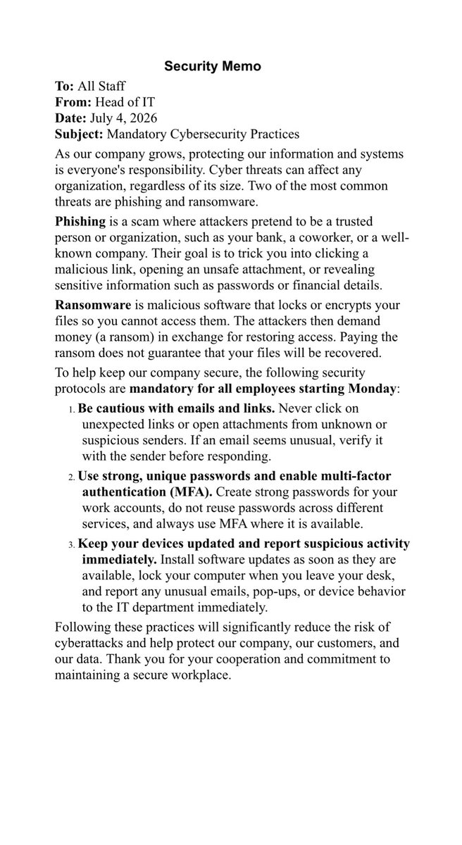 Omoniyibabatund's tweet photo. First week practical exercise @MSVirtualAcad 
As the New Head of IT for a small startup. Here is a Security Memo to the staffs. https://t.co/pf5UIPSIDn