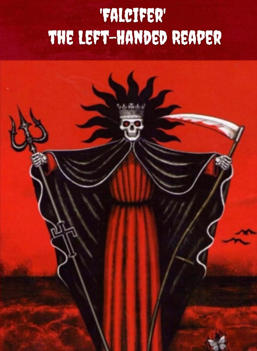 astria_obscura's tweet photo. Falcifer the Scythe Bearer represents the first stages of internal evolution within Traditonal Satanism. The Left Handed Reaper symbolizes the process of Calcination, the beginning stage of alchemy (the blackening and burning of the 'prima materia' until it's reduced to ashes). The prima materia represents our shadow aspects, the primal raw material of the unconscious psyche that must be consciously recognized and integrated to achieve wholeness and empowerment.