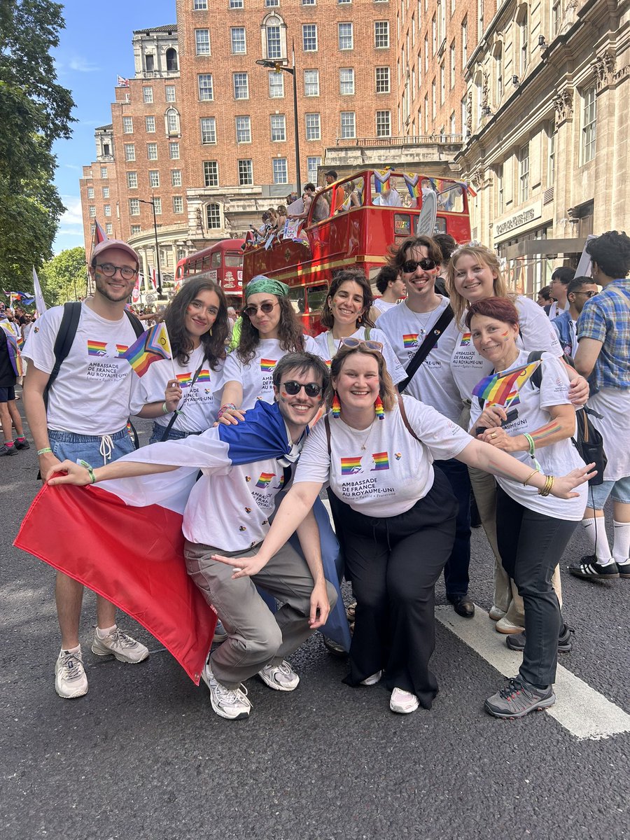 AmbDuchene's tweet photo. Marching #PrideInLondon today with @FranceintheUK team and our #DiplomatsForEquality colleagues. Proud to celebrate with the #LGBTQIA+ community, united by our shared commitment to dignity, equality and inclusion for all. 🏳️‍🌈🏳️‍⚧️ https://t.co/rRT2O6oOK8