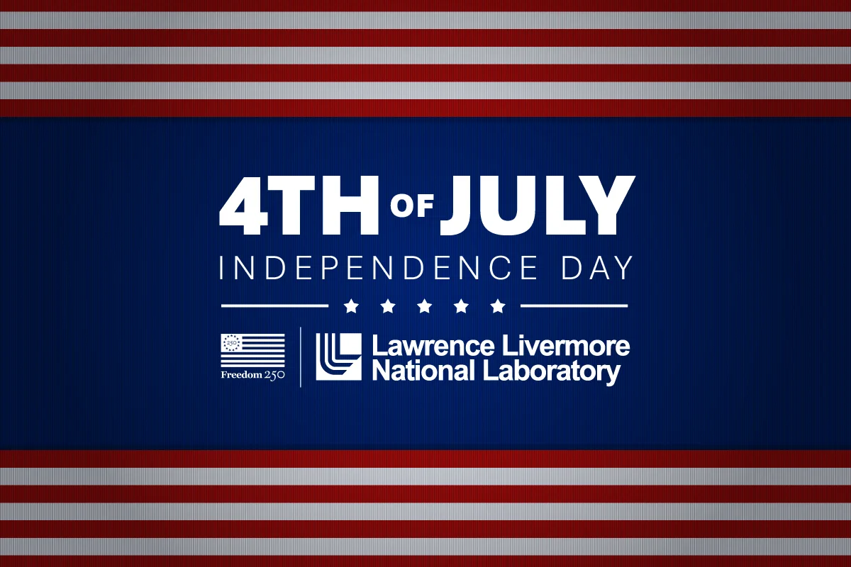 The image displays a design featuring the text "4th of July Independence Day" with stars below it. Below the stars are the logos for "Freedom 250" and the "Lawrence Livermore National Laboratory." The background has red and white stripes at the top and bottom.