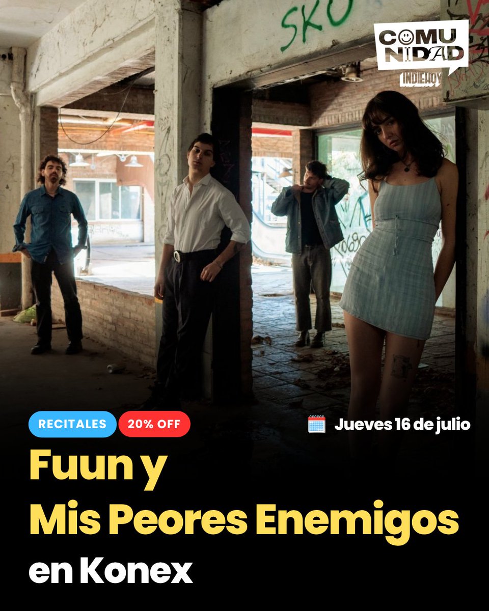 indiehoy's tweet photo. 🎟️ 20% de descuento para ver a Fuun y Mis Peores Enemigos en Konex.

🌱 La fecha se enmarca en una nueva edición de Semillero, el ciclo que presenta en cada encuentro a dos bandas de la escena emergente.

🔗 Suscribite y pedí tu beneficio: https://t.co/QqbGWhWE0o https://t.co/G1CH6oUcSV