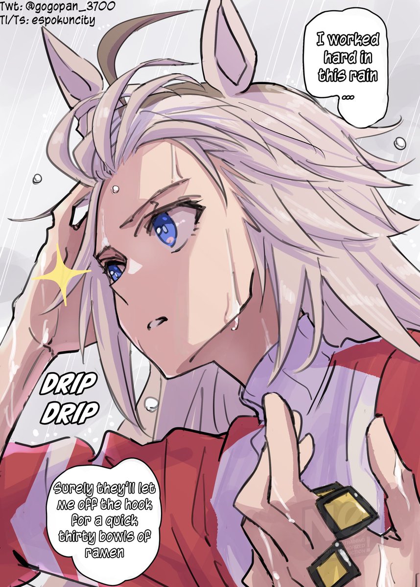 EspokunCity's tweet photo. Rain-drenched Oguri, hair swept back by @gogopan_3700 

Please support the original artist's works!

#UmaTranslations #Umamusume #ウマ娘 #ウマ娘譲 #OguriCap
-----------------------------------------------
I will say this if it's up to me. I will give her as many ramen as many times as I could give it to her.