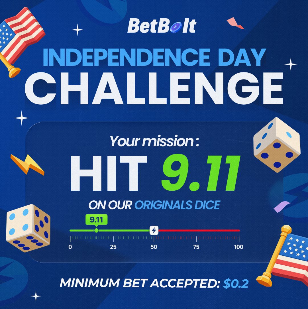betbolt's tweet photo. 4th of July $500 Challenge 🎯

First 2 players to roll the number 9.11 on our Dice game and drop a screenshot + Bet ID below win $250 each.

One Random 💙 + 🔁 also gets $100

Happy 4th of July, everyone! Let's have a blast 🔥 https://t.co/zlvhPXy7Dk