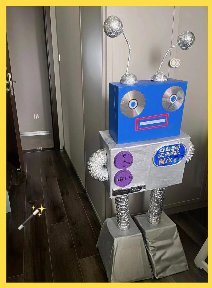 sebumis's tweet photo. [Today’s small win: building a cardboard robot with my kid! No fancy toys needed, just messy glue and big laughs. Love these unplanned moments  #FamilyFun #DIYWithKids]， https://t.co/HWFbPCrZUs
