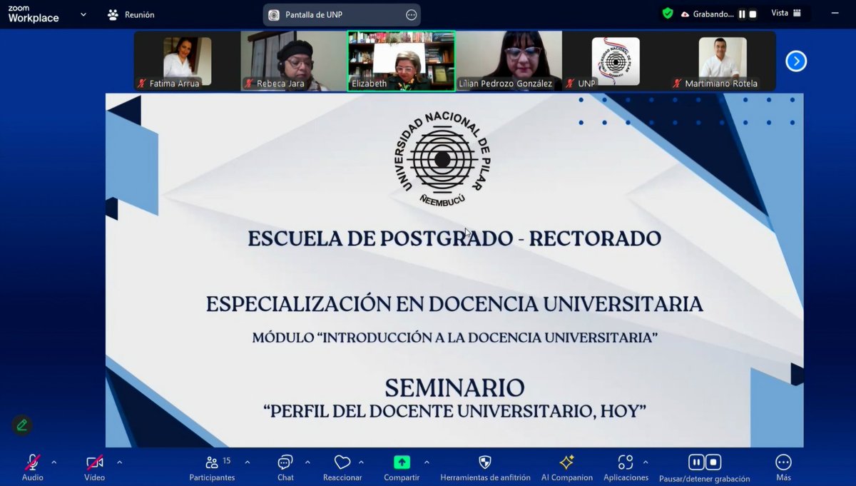 UNP_Paraguay's tweet photo. Postgrado UNP continúa fortaleciendo la formación docente. La Especialización en Docencia Universitaria desarrolló el seminario “Perfil del docente universitario, hoy”, mientras que la Maestría en Currículum Educacional avanzó con el módulo Fundamentos del Diseño Curricular. https://t.co/rzBibMu5KE