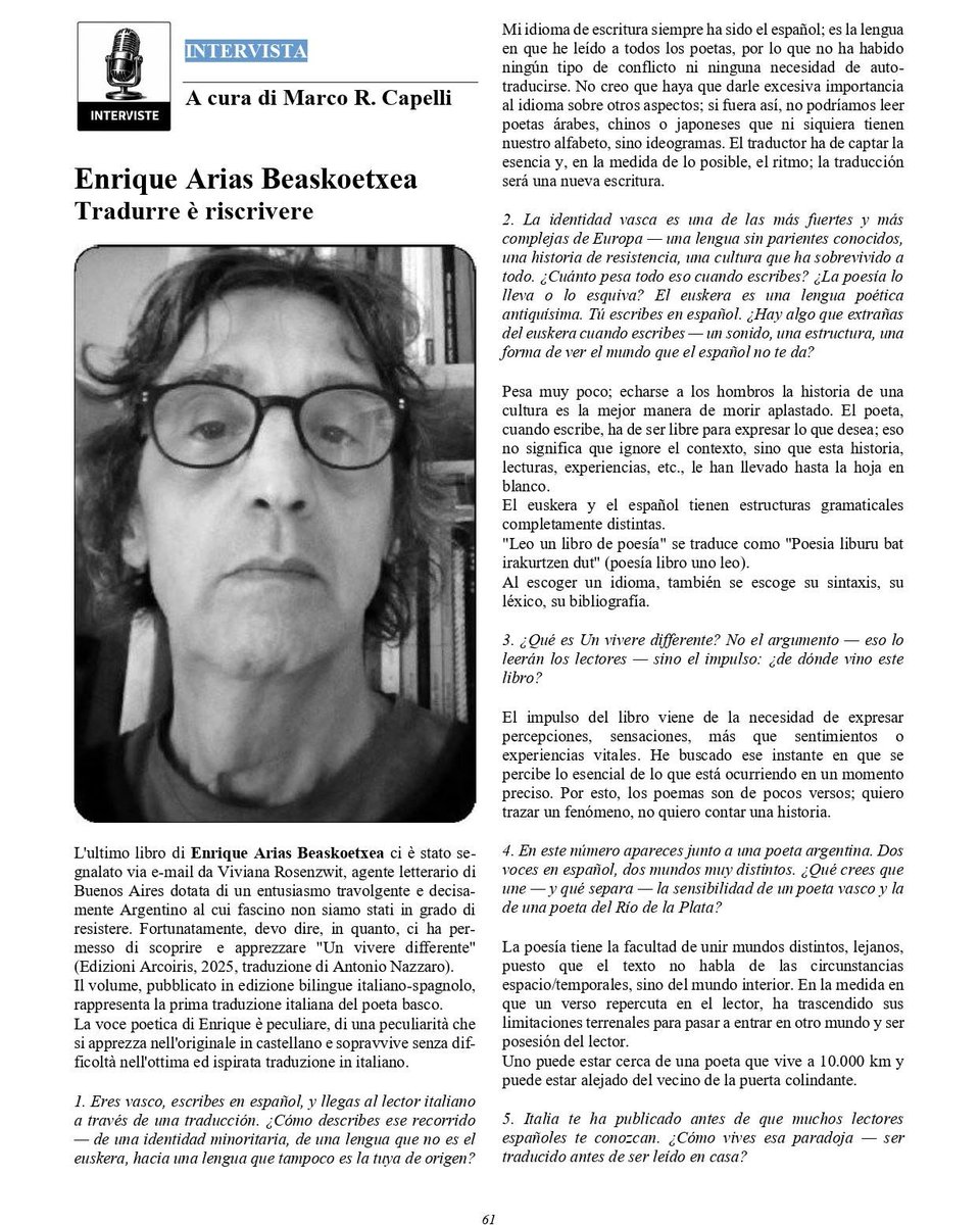 enriquearbe's tweet photo. Os invitamos a leer la entrevista realizada por @MarcoRCapelli  en @BabeleRivista,  Módena, Italia.

Un vivere diferente di @enriquearbe 
Traduzione: Antonio Nazzaro.
Agente literaria: Viviana Rosenzwit
@Ed_Arcoiris, Salerno, Italia, 2025.
Il volume è in italiano e spagnolo. https://t.co/SQMMVzT3Ic