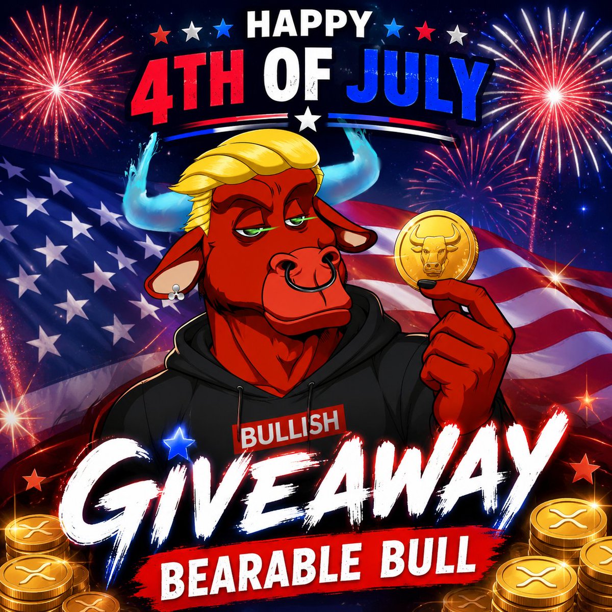 _wisdomk's tweet photo. HAPPY 4th of july Im
Doing a GIVEAWAY for one of my Bearable Bull nfts!!! 🚀🎆🇺🇸🐂🇺🇸🎆🚀

1️⃣ Like &amp; Repost🚀🇺🇸🐂🇺🇸🚀

2️⃣ Follow 
@TheXRPBulls
@_wisdomk
 3️⃣Tag 2 friends!!!🚀🇺🇸🐂🇺🇸🚀

Winner will be picked Monday July 6th🎉 https://t.co/ypNEWQa4qy