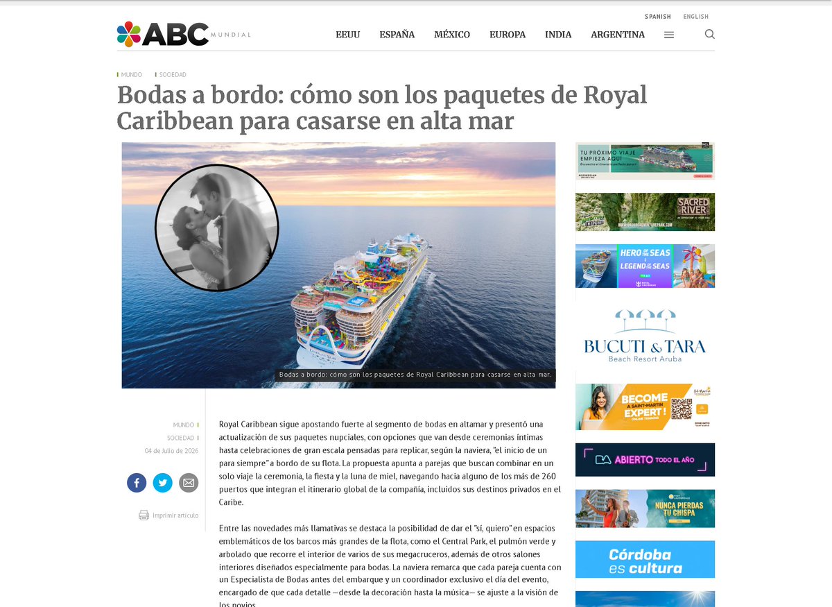 ABCMundial's tweet photo. Bodas a bordo: cómo son los paquetes de Royal Caribbean para casarse en alta mar🌍⚓👀💕
#BodaEnCrucero #RoyalCaribbean #BodaDestino
@RoyalCaribbean 
https://t.co/yjJEkUSn2k https://t.co/XLR3PH5O0A