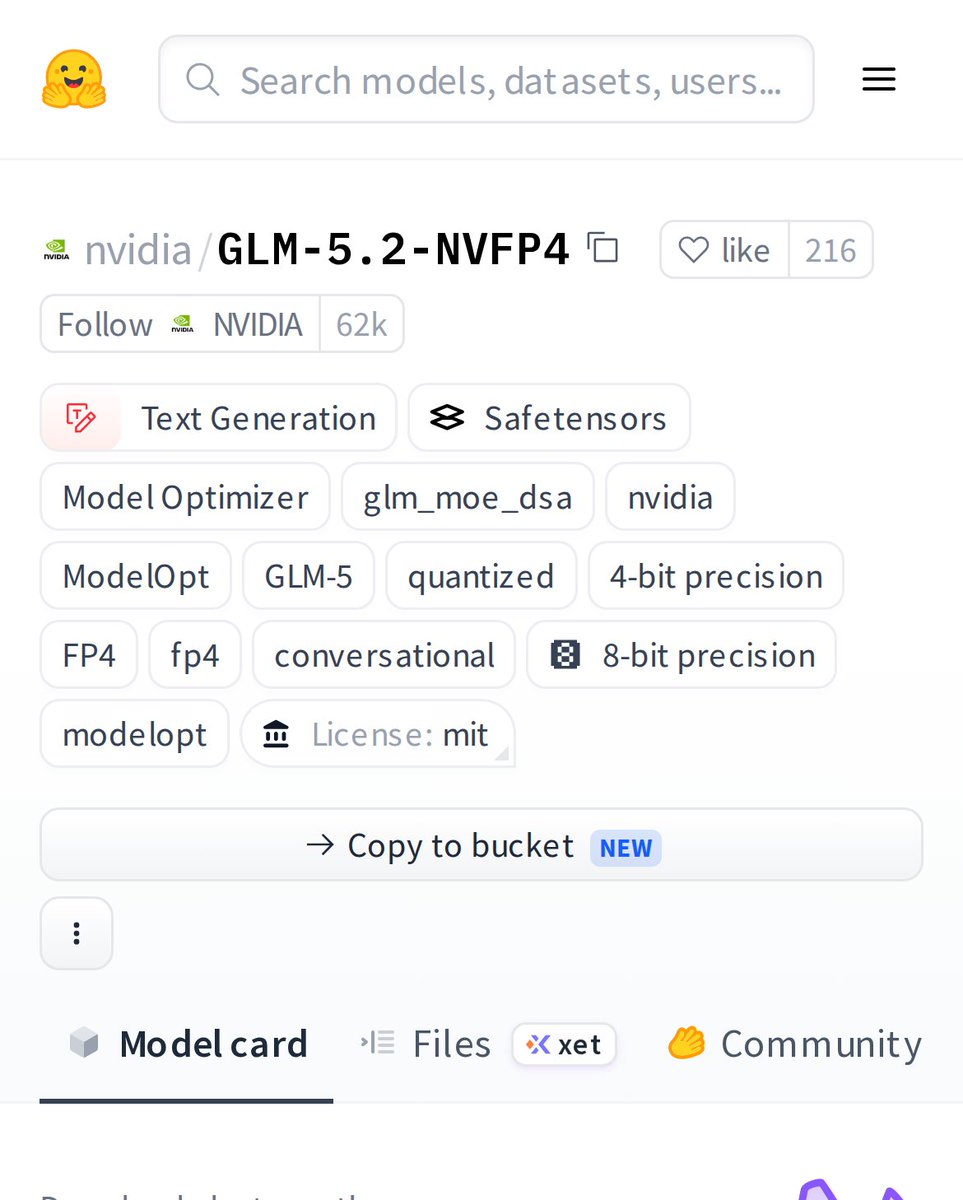HuggingModels's tweet photo. Imagine running a massive GLM-5 model on consumer hardware. That's what nvidia's GLM-5.2-NVFP4 delivers with 4-bit FP4 quantization. It's a game changer for local AI, making high-end text generation accessible to more builders. #AI #MachineLearning https://t.co/PQwn2wU00m