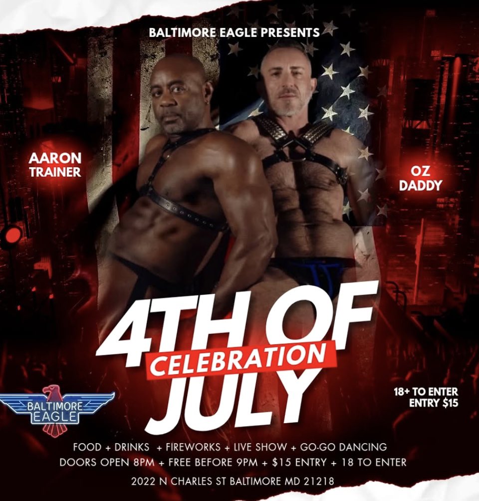 AaronTrainerXXX's tweet photo. Happy Independence Day!🎆 Come out and celebrate the 4th with me and my sexy man @OzHawkDaddy tonight at @EagleBaltimore 

🎇SPECIAL LIVE SHOW AT MIDNIGHT! 🎆 https://t.co/z1RU3uvEsk
