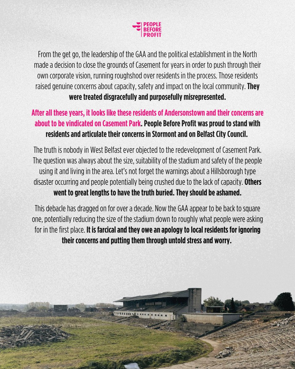 GerryCarrollPBP's tweet photo. For over a decade, residents of Anytown raised genuine concerns about the size, safety &amp; suitability of Casement Park - and were treated disgracefully for it by the political establishment. Now, with the GAA appearing to scale the stadium way back, those residents are vindicated. https://t.co/3vPkhzXCha