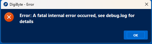HSpringer2001's tweet photo. @DigiByteCoin i installed the latest 9.26.4 but keep getting this error message while the app syncs the chain, then crashes. i don't see a debug.log . Anyone have a solution? thanks. https://t.co/67CkH0iNMM