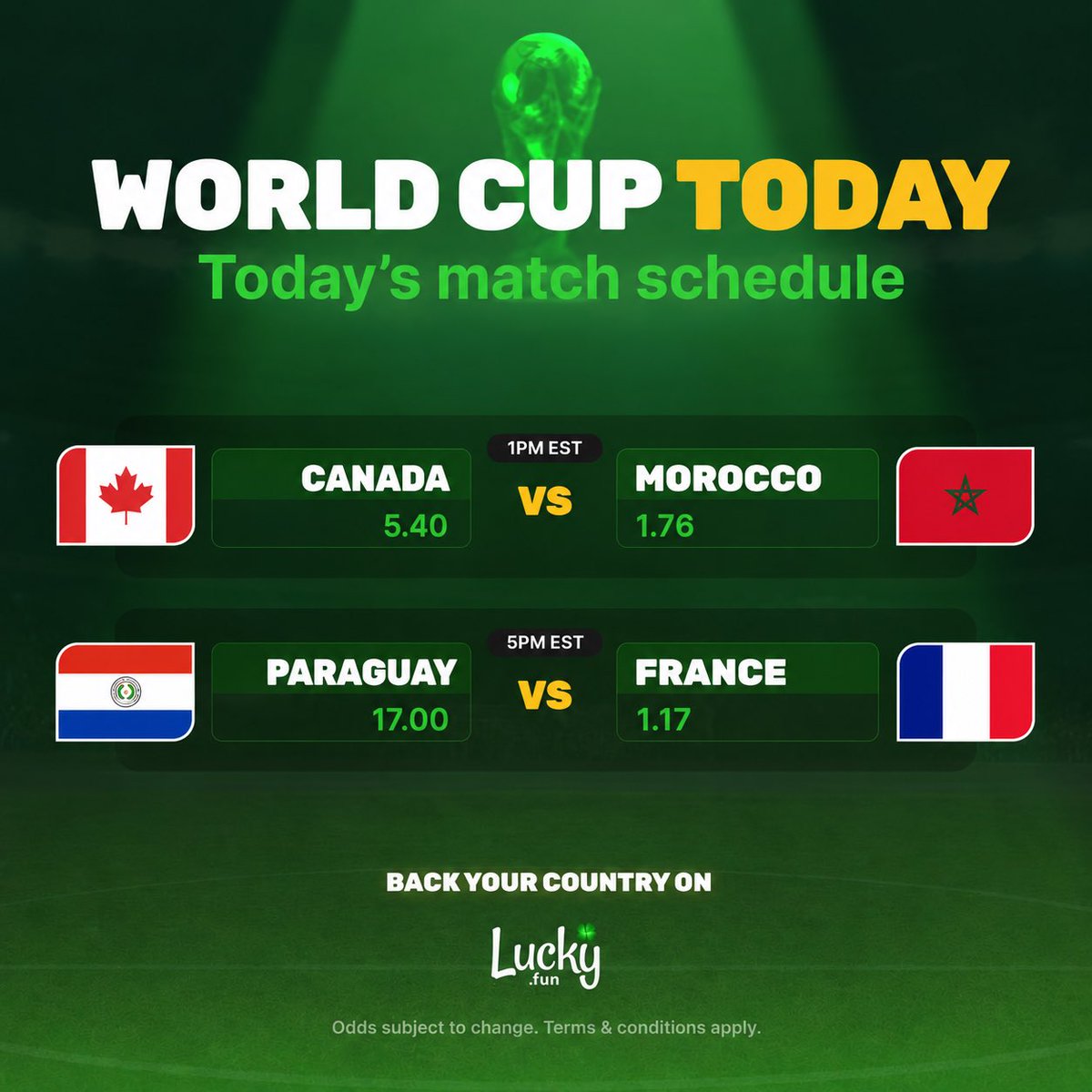 luckyfun's tweet photo. July 4th World Cup Schedule 🏆

Predict today’s 2 match scores correctly and 1 lucky winner will receive a prize 💰

RT + tag 2 friends + reply with your Lucky ID https://t.co/9G9wvmQlOH