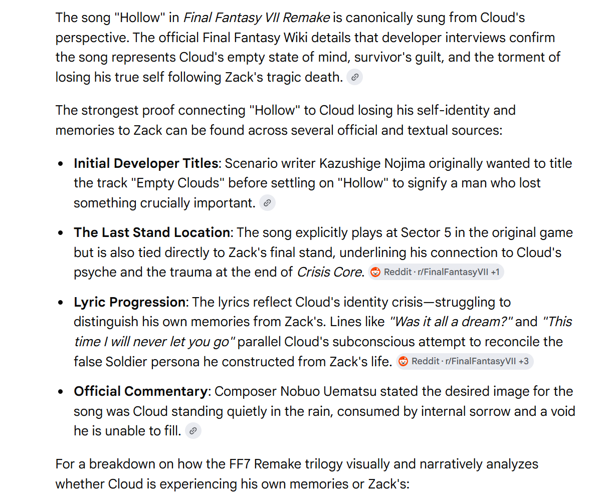 Ashley30998065's tweet photo. Remake: #Hollow is about #Cloud losing something important to him, his identity as well as losing #Zack the setting is a barren wasteland surrounded by rain. 
Rebirth: #NPTK #Aerith song is singing about Zack, both her mothers, Tifa, Cloud, Barret: Everyone she loves. #FF7R https://t.co/HyahieYWcd