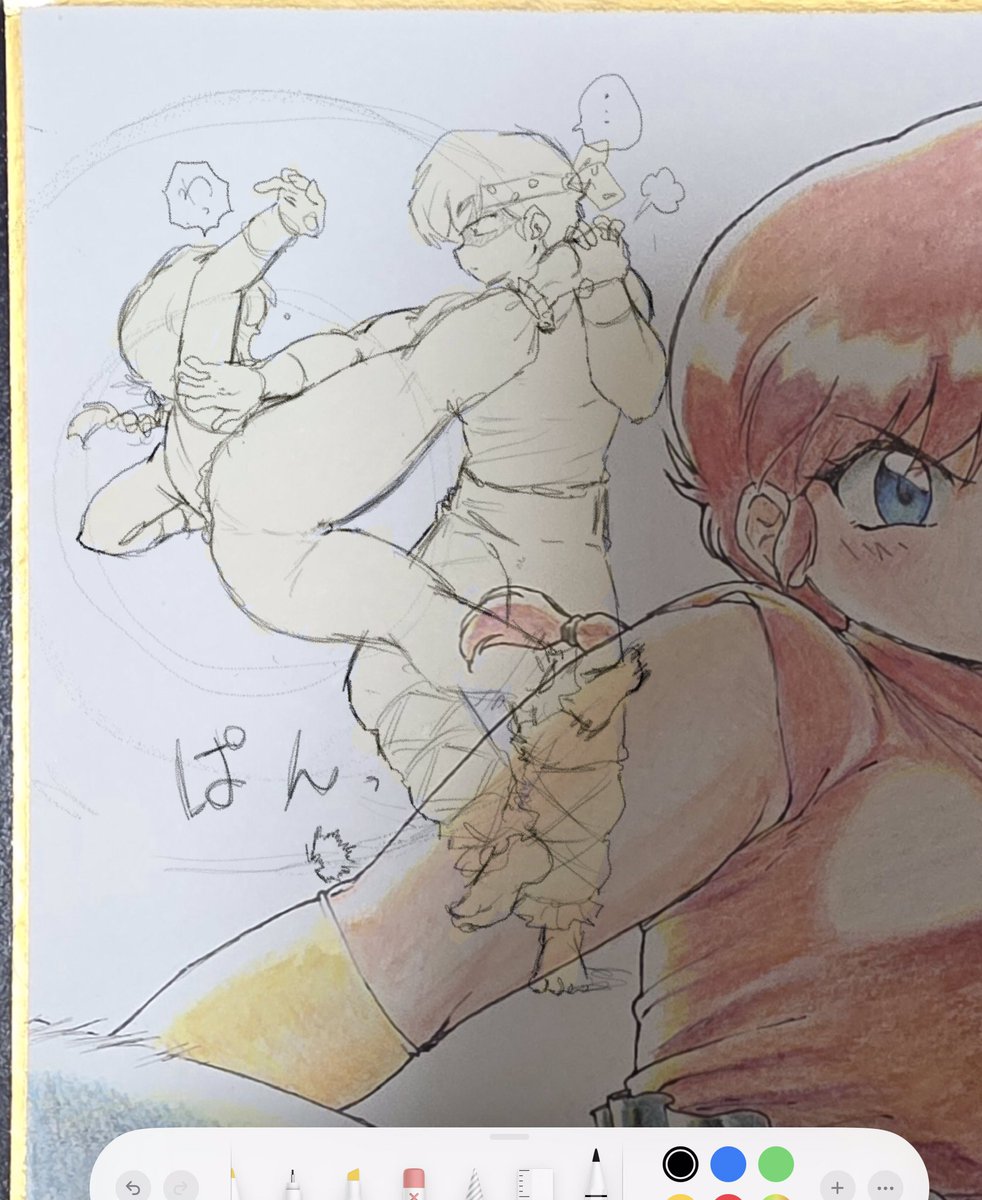 magedon1509's tweet photo. 初めてオークション用のアナログ絵描いてるんですが、余白に何を描くか決まらなすぎてもう限界

画像は、らんまの全力蹴りが良牙に軽く捌かれる図です
(色紙には描いてません) https://t.co/vCfw7FcTV6