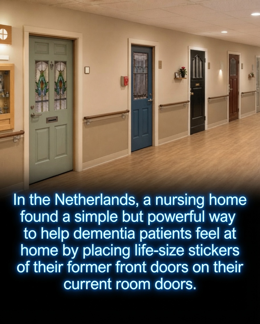 Rainmaker1973's tweet photo. They changed the doors and gave dementia patients a piece of home back. 

In the Netherlands certain nursing homes discovered a straightforward yet meaningful solution to help residents with dementia feel safer and more at ease. Staff place life size stickers depicting each person’s original front door on the entrance to their current room. 

Instead of facing hallways of nearly identical doors residents now recognize something deeply familiar. The specific color the shape and the unique details of the home they once lived in stand out clearly. 

These custom decals known as True Doors reduce disorientation make individual rooms simpler to identify and help preserve important personal memories. 

The approach restores dignity for family members. It encourages greater independence for residents according to caregivers. Most importantly it transforms a standard room into a warmer more comforting space that genuinely feels like home. 

Compassion does not always demand elaborate measures. In many cases it can begin with something as simple as a familiar door. 

Image created using artificial intelligence for illustration purposes only.