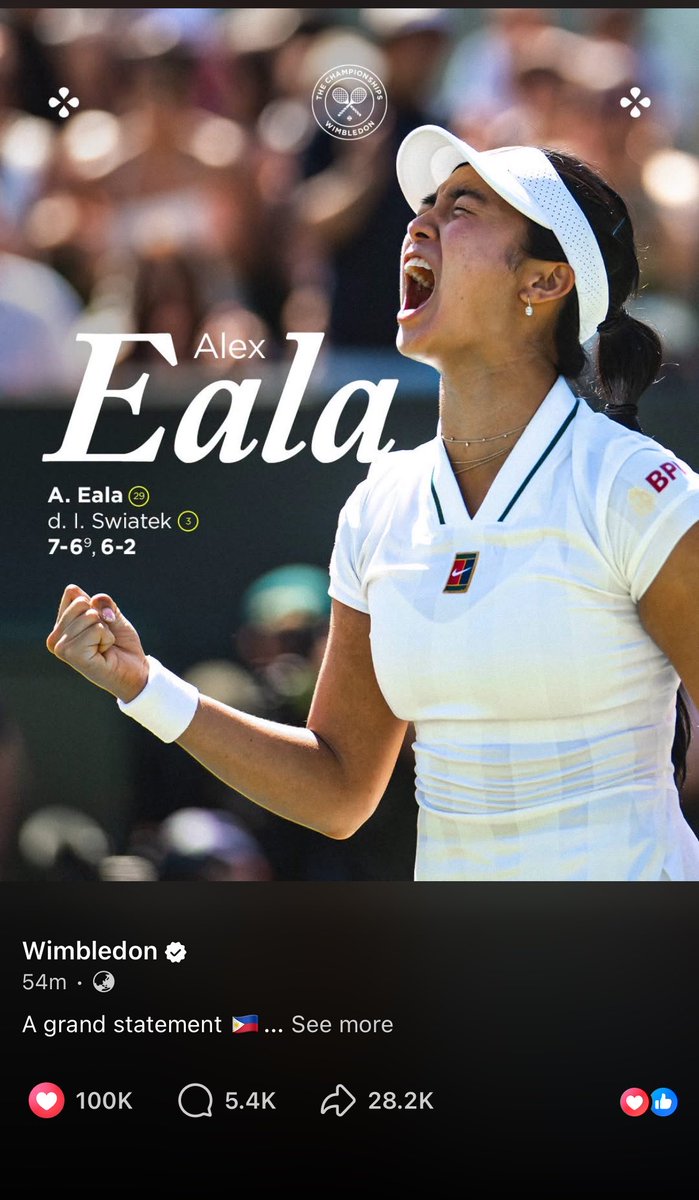cristiancofino_'s tweet photo. The official Wimbledon Facebook page recorded a significant surge in engagement following Alex Eala’s victory over the defending Wimbledon champion today.

Within just one hour, the post accumulated over 100,000 reactions along with thousands of comments and shares, reflecting the strong global attention drawn by the result.

The rapid growth in engagement highlights the impact of Eala’s breakthrough win, as it sparked widespread discussion across the tennis community and significantly boosted online visibility for the match.

Paldo ka nanaman, Wimbledon 😉
#Wimbledon