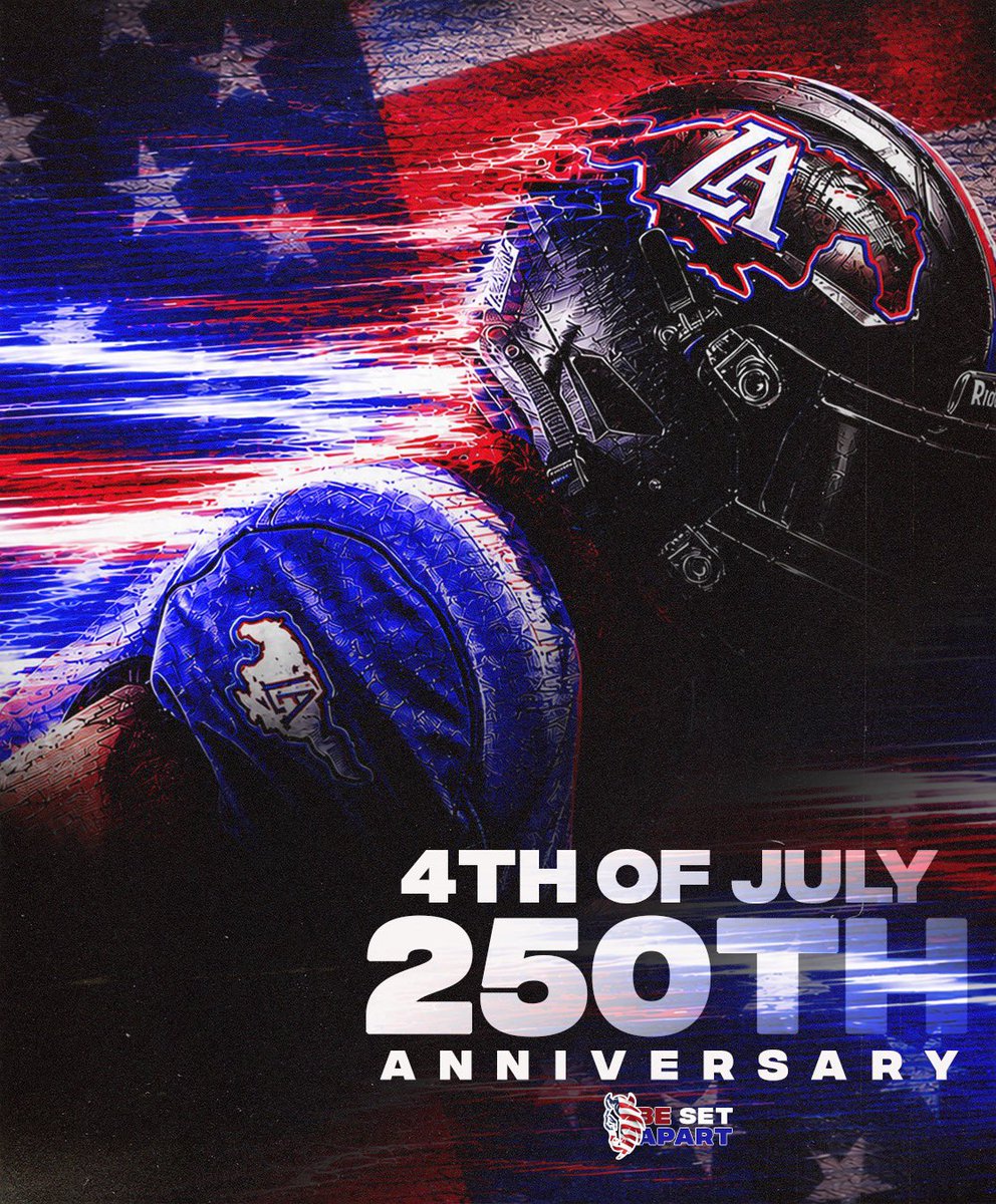 LAmustangFB's tweet photo. Happy 4th of July from Mustang Football! 🔥💜🔥 #BeSetApart https://t.co/l8S4QfzeUW