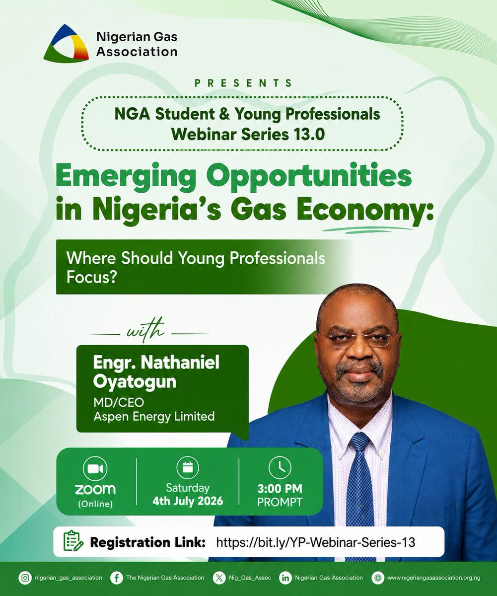 intellig_entsia's tweet photo. The opportunity in the gas sector goes beyond technical roles. Thank you so much, NGA @Nig_Gas_Assoc for this great Webinar. 

NGA Students and Young Professionals Connect, July 2026— Emerging Opportunities in Nigeria's Gas Economy: Where should young professionals focus? https://t.co/ItNIyVOjV2