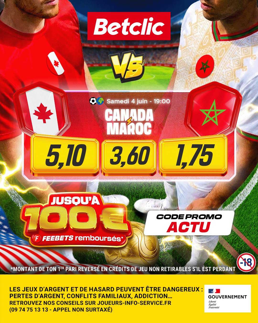 Les cotes @Betclic de CANADA 🇨🇦 ⚡️ 🇲🇦 MAROC.

Jusqu’à 100€ remboursés ...