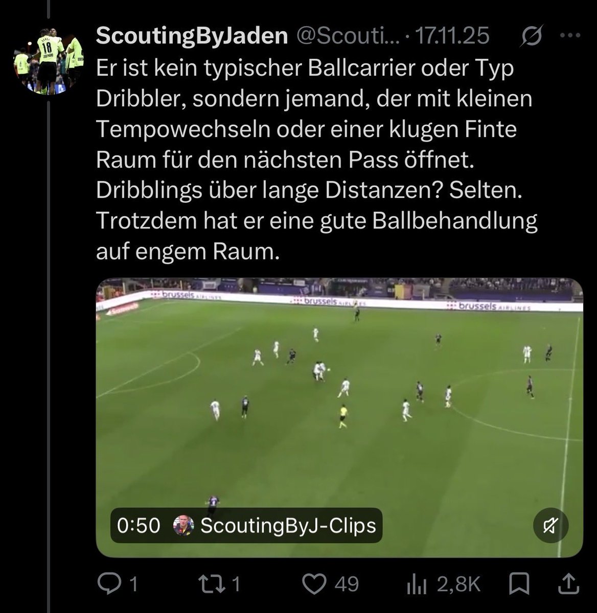 ScoutingByJaden's tweet photo. Scouting-Twitter ist tot.

Bis auf wenige Ausnahmen sind’s nur noch Ben-Griffis-Balkendiagramme oder es werden dreist ganze Threads geklaut, wo immer ~3-4 Stunden Arbeit reinfließen.

Find‘ ich sehr traurig. https://t.co/YjUycUJBQM