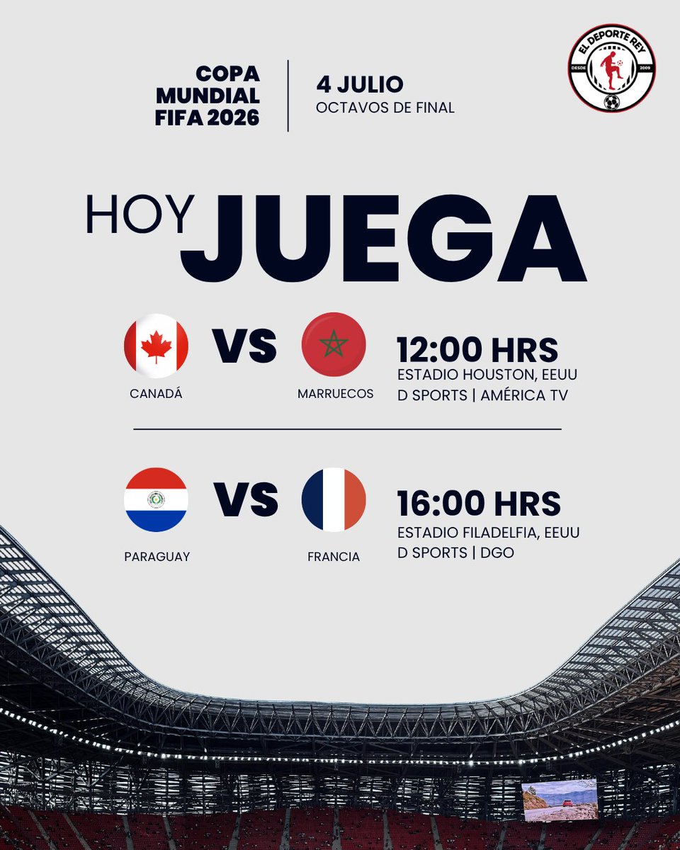 eldeportereyweb's tweet photo. 𝗔𝗴𝗲𝗻𝗱𝗮 𝗱𝗲 𝗳ú𝘁𝗯𝗼𝗹 | 𝗦á𝗯𝗮𝗱𝗼 ⚽️
¡Comienzan los octavos de final del Mundial 2026! Canadá y Marruecos abren la fase, mientras Paraguay desafía a Francia en un duelo de alto voltaje. 🌎🏆🔥

#CopaMundialFIFA #FIFAWorldCup #Mundial2026 https://t.co/VDRKt1SEwi