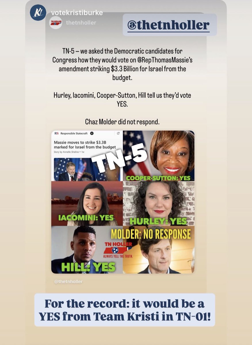TheTNHoller's tweet photo. TN-1 Democratic candidate for Congress Kristi Burke says she too would vote YES for the @RepThomasMassie amendment cutting $3.3 Billion in military aid for Israel https://t.co/c2Zxri4xpk