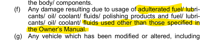 20_1NM's tweet photo. same user manual also mentions that car warranty will not be valid if there is any damage resulting due to usage of adulterated fuel/fluids used other than those specified in the Owner’s Manual. https://t.co/YX6Am8ZyDJ