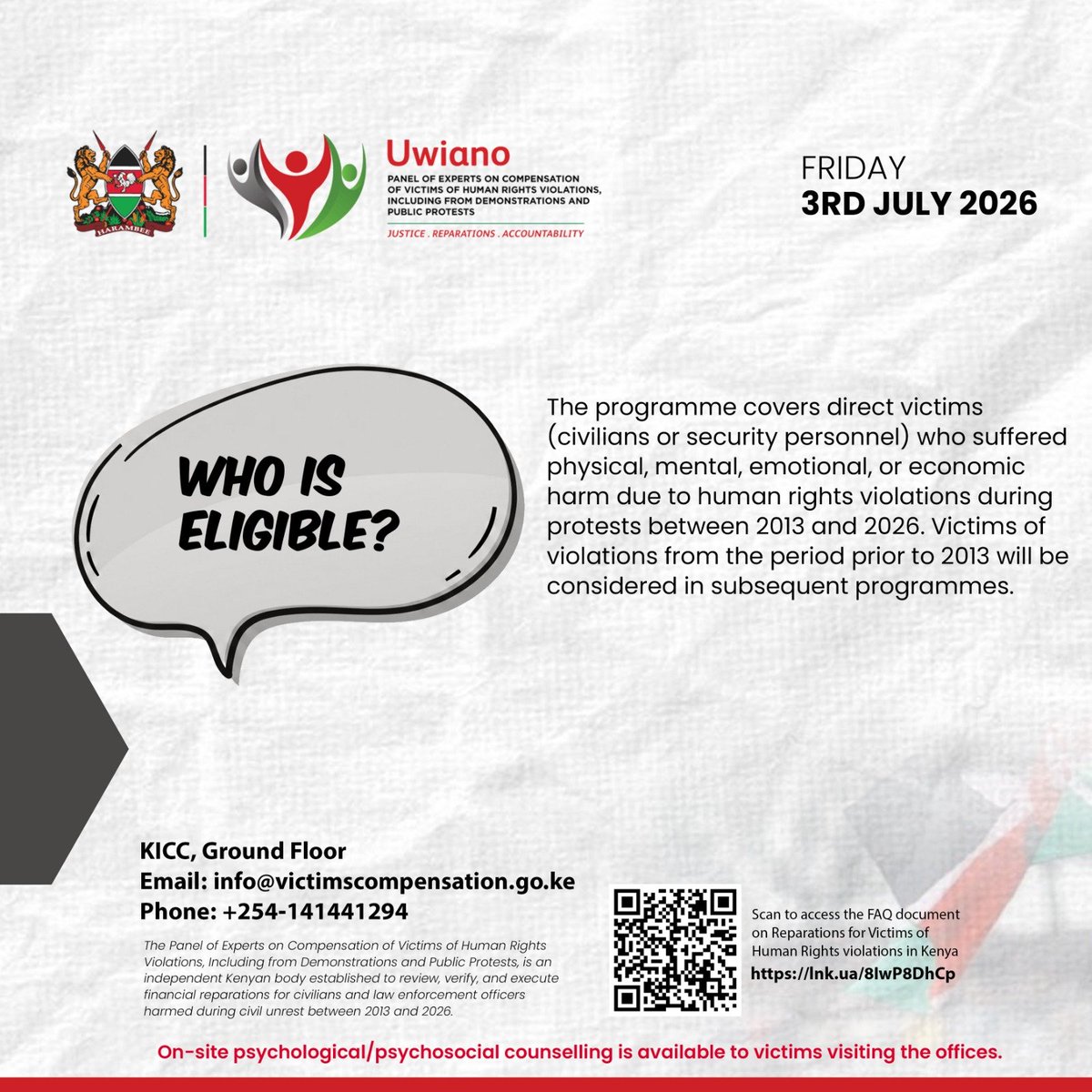 Terry_ke001's tweet photo. Did you know that If you suffered physical, mental, emotional or economic harm as a result of human rights violations during demonstrations or public protests between 2013 and 2026, you may be eligible for compensation?
#VictimsCompensation covers both civilians and security personnel, with approved payments made directly into a victim's bank account or that of an authorised beneficiary.
Those who had already lodged claims with KNCHR or IPOA are not required to submit fresh applications, as their records will be forwarded to the Panel for consideration