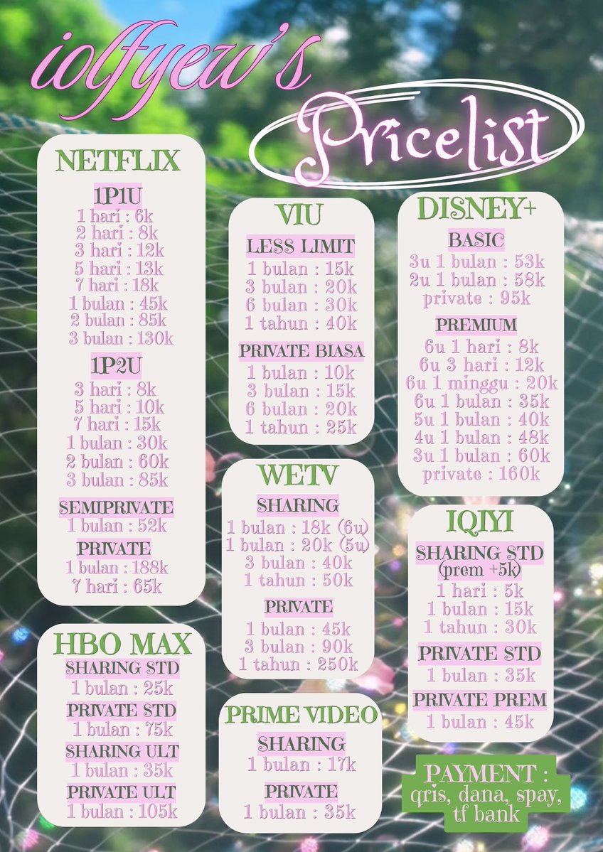 iolfyew's tweet photo. malming gini enaknya nonton gasiii🤩🍄☘️ wts wtb app premium netflix viu disney+ wetv prime iqiyi spotify capcut am chatgpt canva yt dazzcam lightroom remini grammarly scribd #zonauang

order di wa yaa https://t.co/aKSY6j1QaX https://t.co/m790NgYBnR