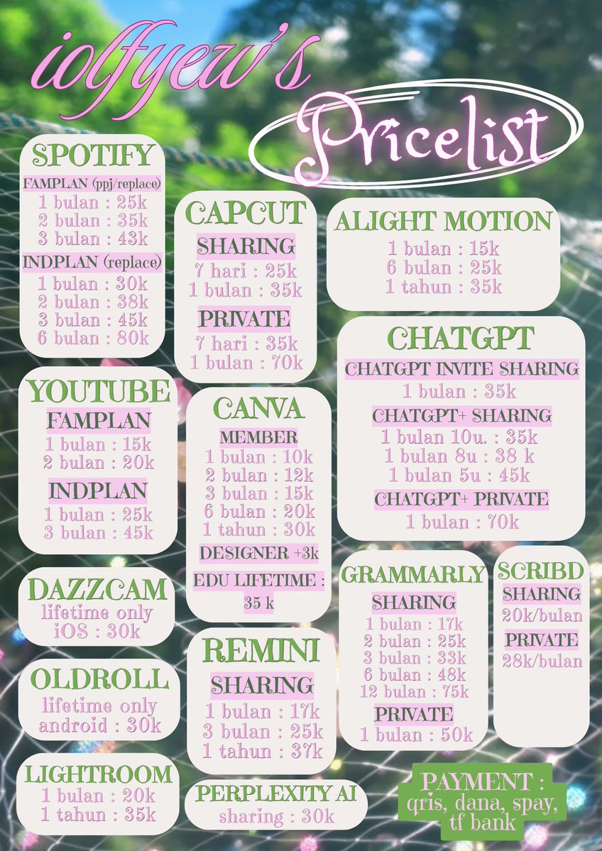 iolfyew's tweet photo. malming gini enaknya nonton gasiii🤩🍄☘️ wts wtb app premium netflix viu disney+ wetv prime iqiyi spotify capcut am chatgpt canva yt dazzcam lightroom remini grammarly scribd #zonauang

order di wa yaa https://t.co/aKSY6j1QaX https://t.co/m790NgYBnR