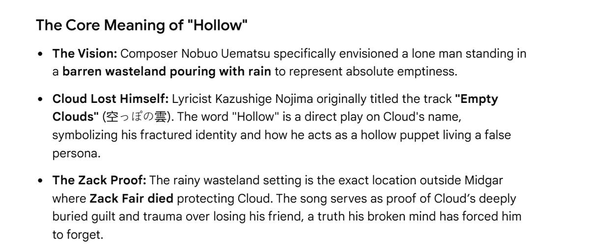 Ashley30998065's tweet photo. Remake: #Hollow is about #Cloud losing something important to him, his identity as well as losing #Zack the setting is a barren wasteland surrounded by rain. 
Rebirth: #NPTK #Aerith song is singing about Zack, both her mothers, Tifa, Cloud, Barret: Everyone she loves. #FF7R https://t.co/HyahieYWcd