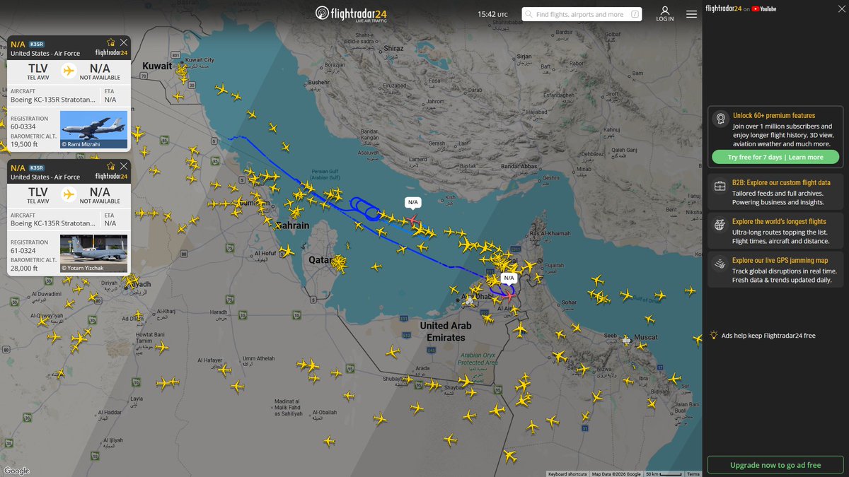 AIYeyENGDdJkjTr's tweet photo. July 5, 2026
#Ben Gurion ==> #Persian Gulf
#NoCALLSIGN #AE07AC USAF KC-135R Stratotanker
#Ben Gurion ==> #Musandam Peninsula
#NoCALLSIGN #AE0263 USAF KC-135R Stratotanker https://t.co/oI66ewq0c7