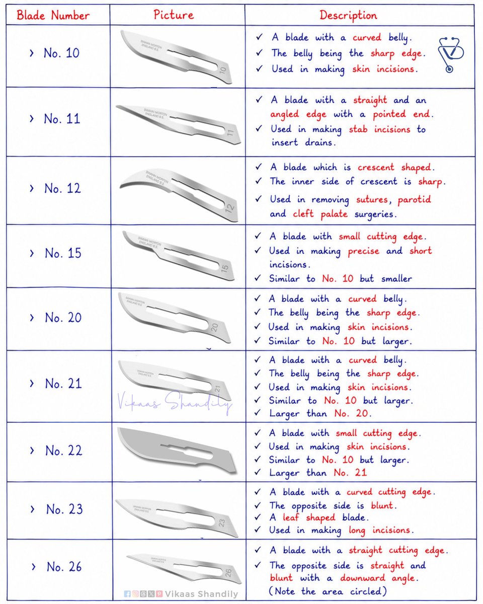 VikaasShandily's tweet photo. Surgical Scalpel Blade Guide | Common Blade Types &amp; Clinical Uses 
#SurgicalInstruments #ScalpelBlades #OperatingRoom #MedicalEducation #VikaasShandily https://t.co/hz2YkdPvVX